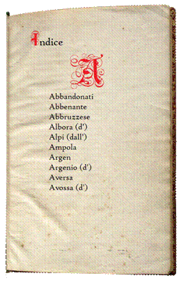 Indice A, Famiglie Abbandonati, Abbenante, Abbruzzese, Albora (d'), Alpi (dall'), Ampola, Argen, Argenio (d'), Aversa, Avossa (d').